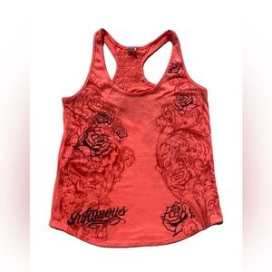 Infamous Women’s Orange Tattoo Rose Tank Top Size Large